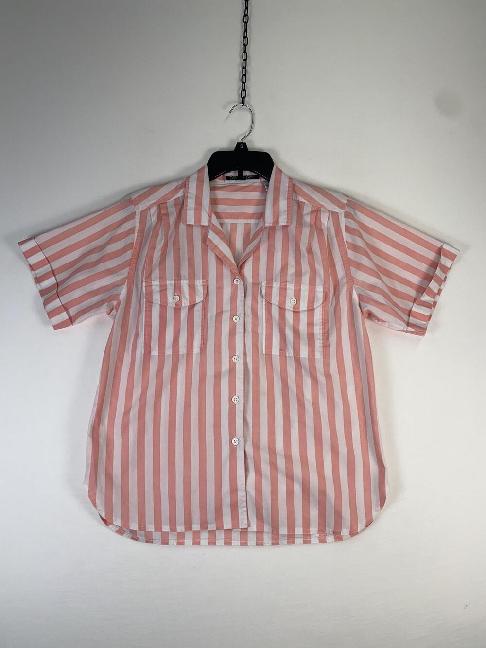 Hunter's Glen Shirt Womens 14 Pink Stripe Button Front Short Sleeve Collared Top